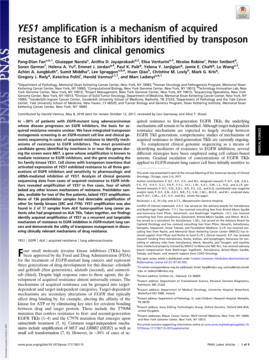 YES1 Amplification Is a Mechanism of Acquired Resistance to EGFR Inhibitors Identified by Transposon Mutagenesis and Clinical Genomics