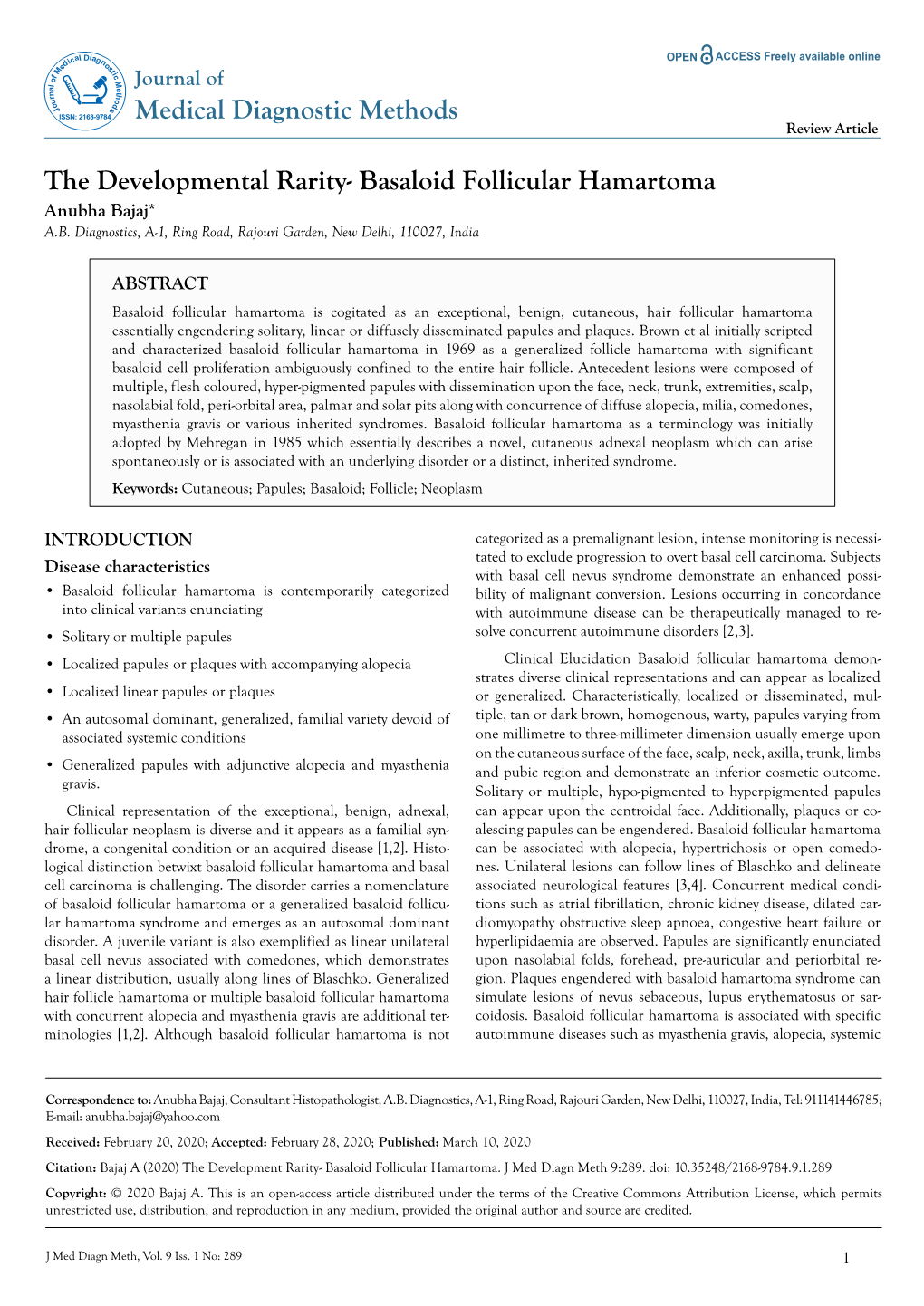 Basaloid Follicular Hamartoma Anubha Bajaj* A.B