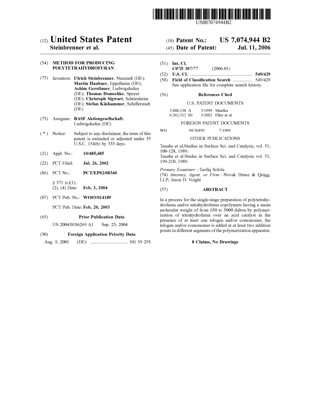 (12) United States Patent (10) Patent No.: US 7,074,944 B2 Steinbrenner Et Al