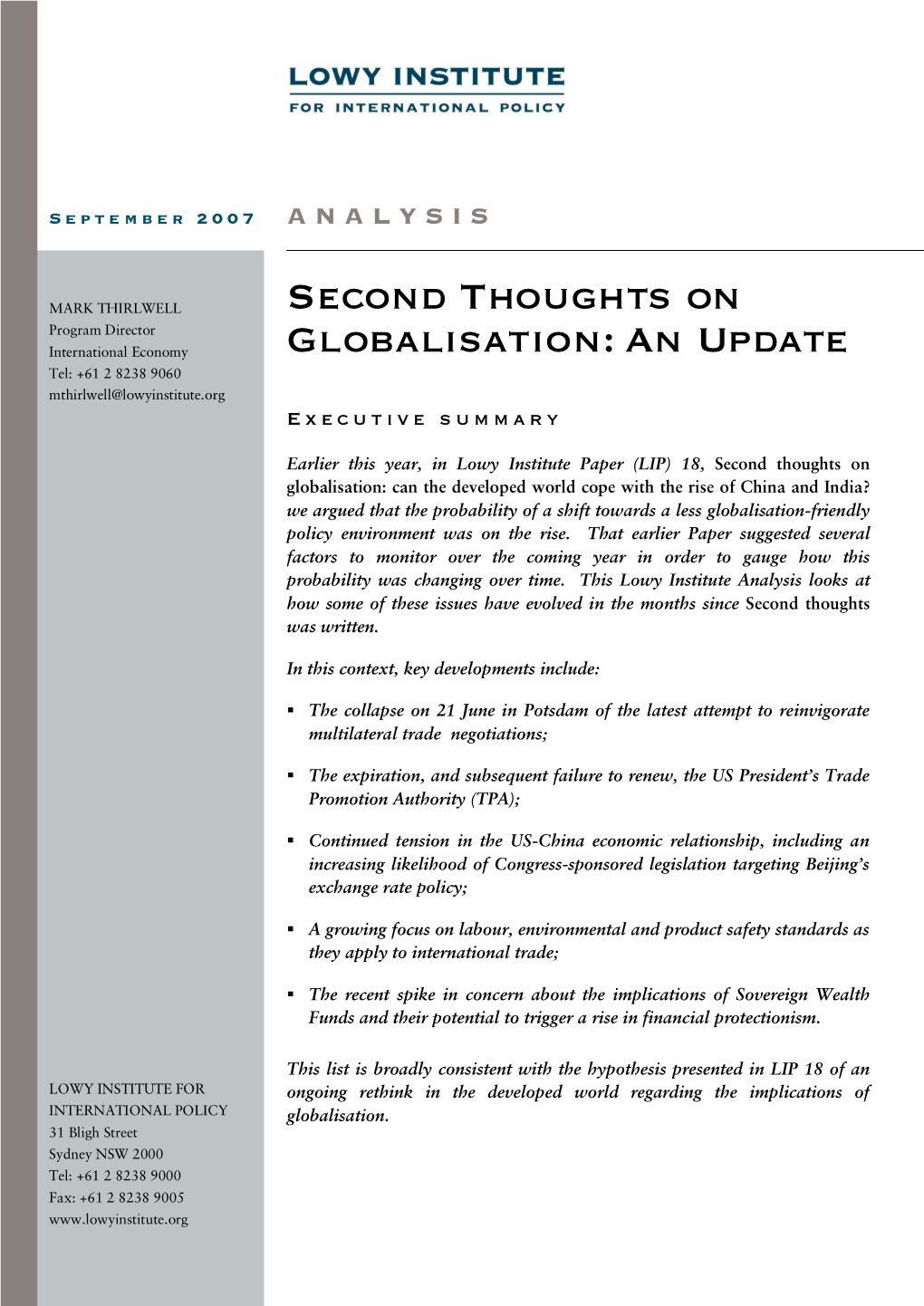 Second Thoughts on Globalisation