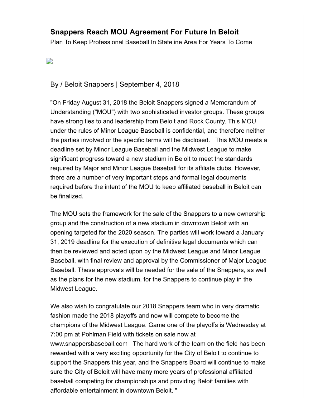 Snappers Reach MOU Agreement for Future in Beloit Plan to Keep Professional Baseball in Stateline Area for Years to Come