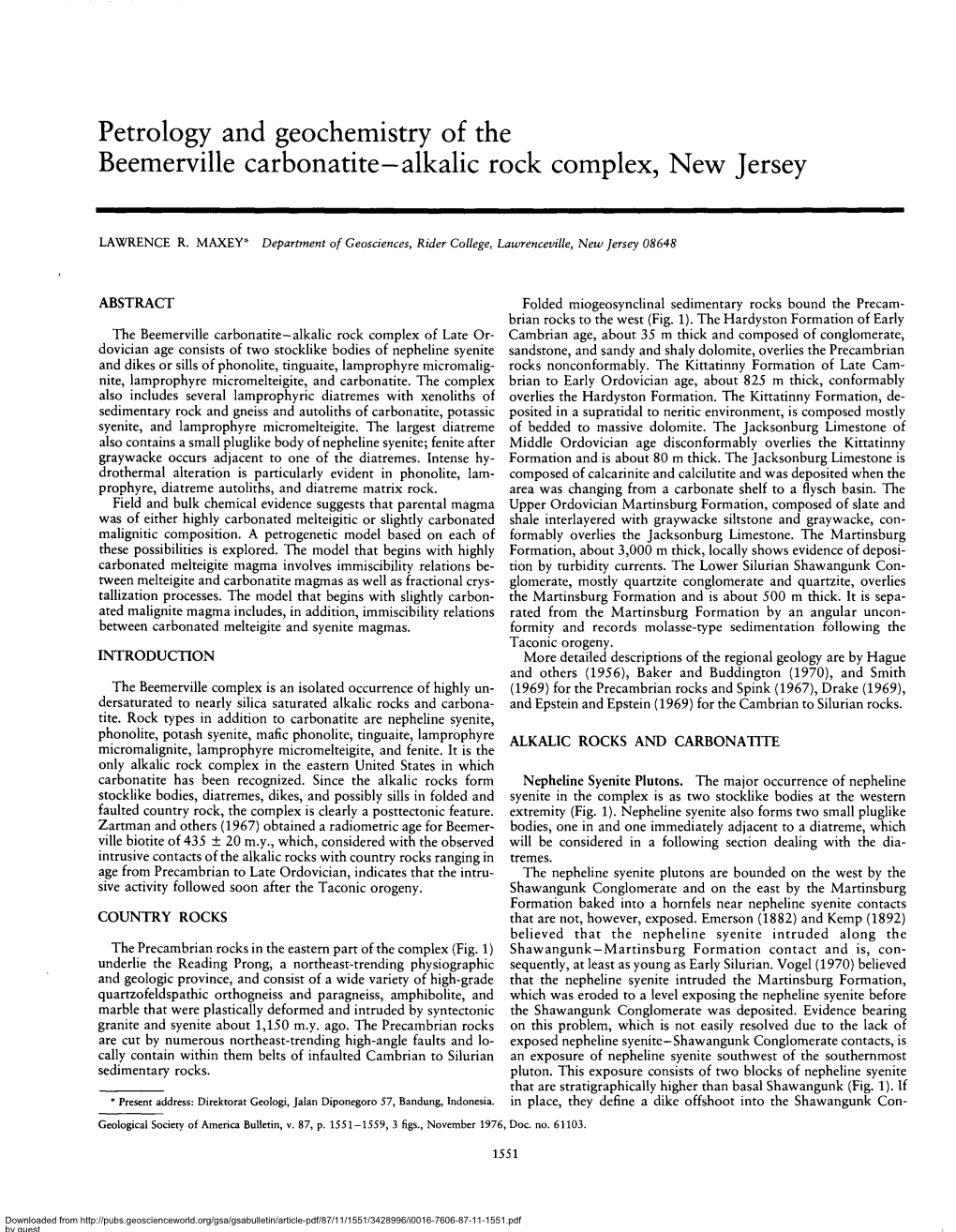 Petrology and Geochemistry of the Beemerville Carbonatite-Alkalic Rock Complex, New Jersey