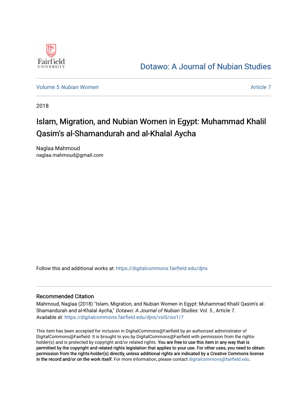 Islam, Migration, and Nubian Women in Egypt: Muhammad Khalil Qasim's Al-Shamandurah and Al-Khalal Aycha