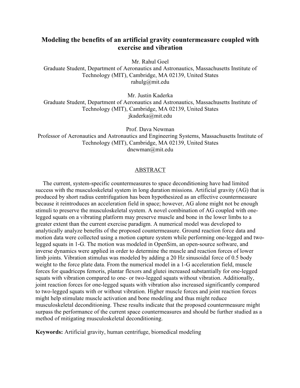 Modeling the Benefits of an Artificial Gravity Countermeasure Coupled with Exercise and Vibration