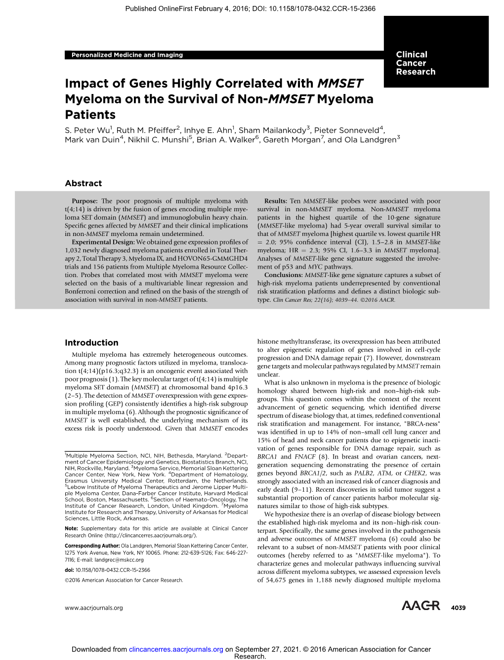 Myeloma Patients MMSET Survival Of