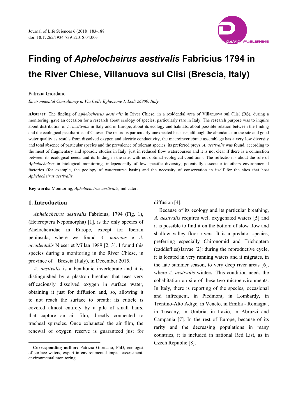 Finding of Aphelocheirus Aestivalis Fabricius 1794 in the River Chiese, Villanuova Sul Clisi (Brescia, Italy)