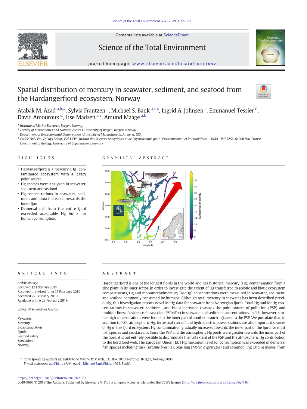 Spatial Distribution of Mercury in Seawater, Sediment, and Seafood from the Hardangerfjord Ecosystem, Norway