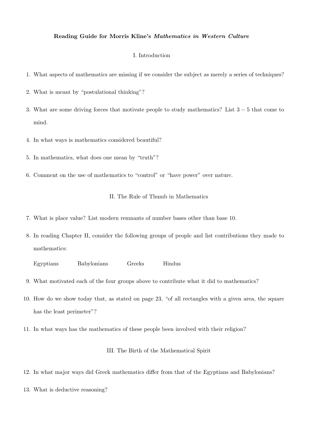 Reading Guide for Morris Kline's Mathematics in Western Culture I