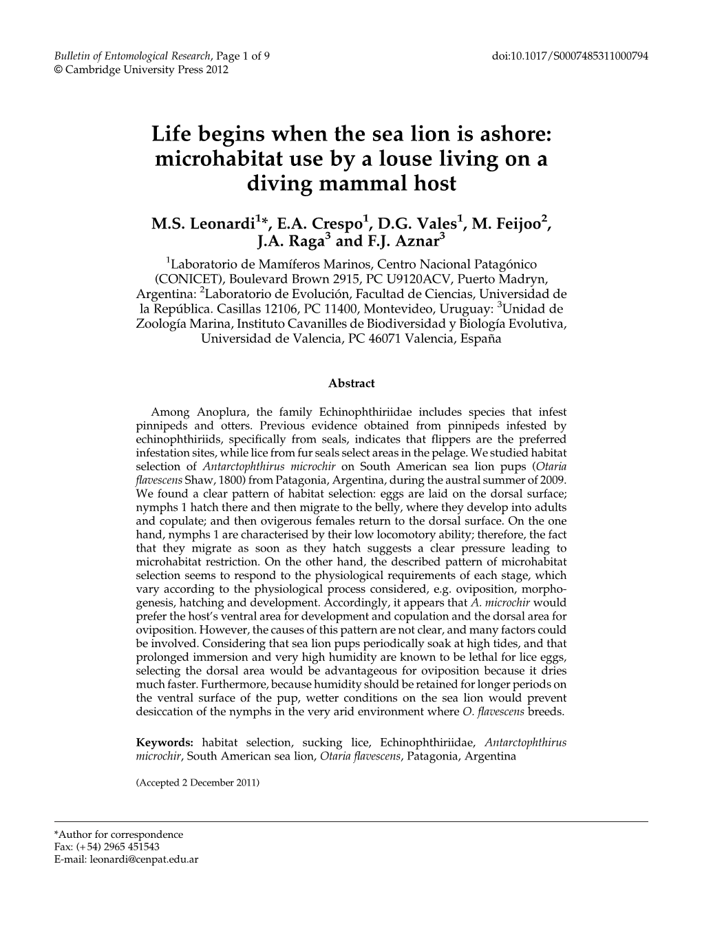 Life Begins When the Sea Lion Is Ashore: Microhabitat Use by a Louse Living on a Diving Mammal Host