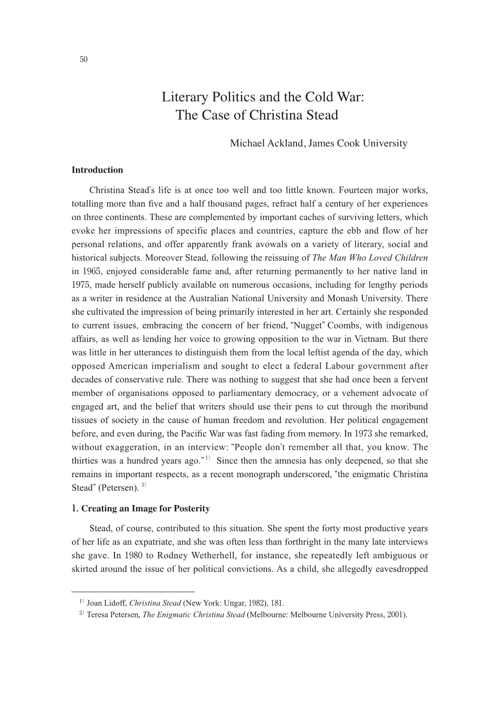 Literary Politics and the Cold War: the Case of Christina Stead