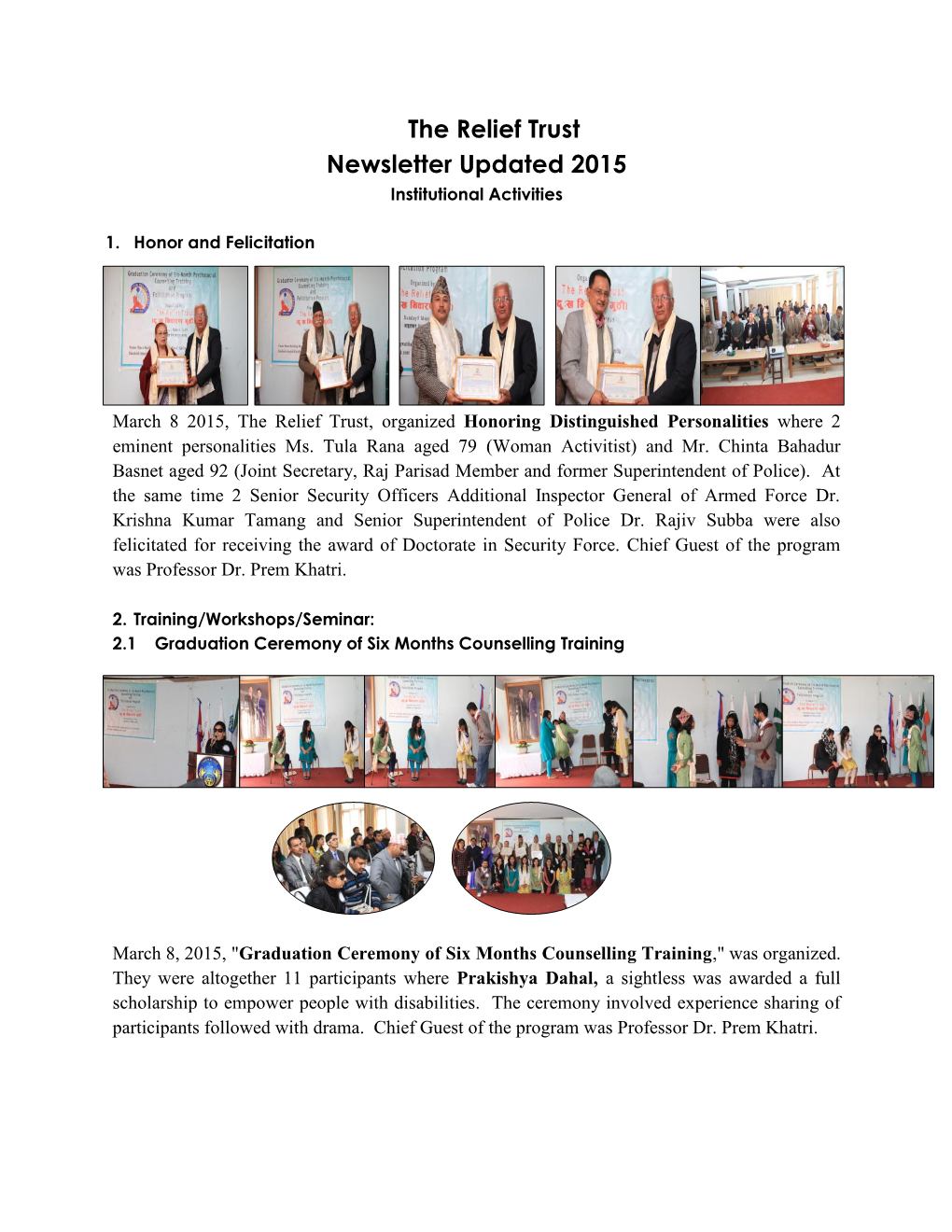The Relief Trust Newsletter Updated 2015 Institutional Activities