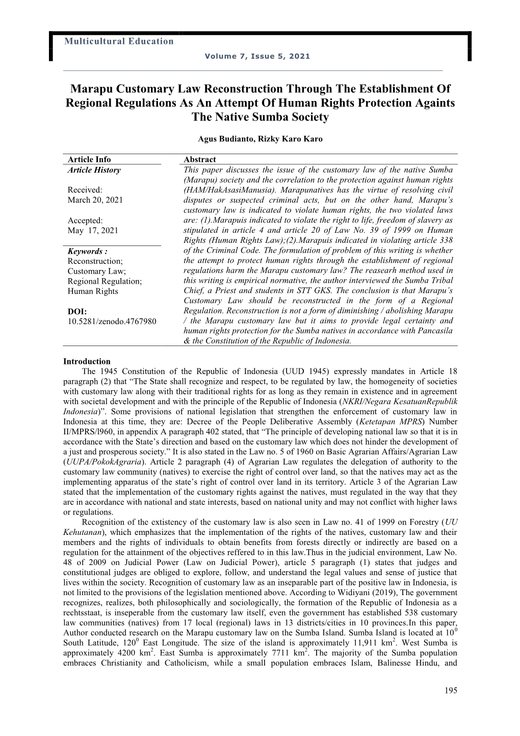 Marapu Customary Law Reconstruction Through the Establishment of Regional Regulations As an Attempt of Human Rights Protection Againts the Native Sumba Society