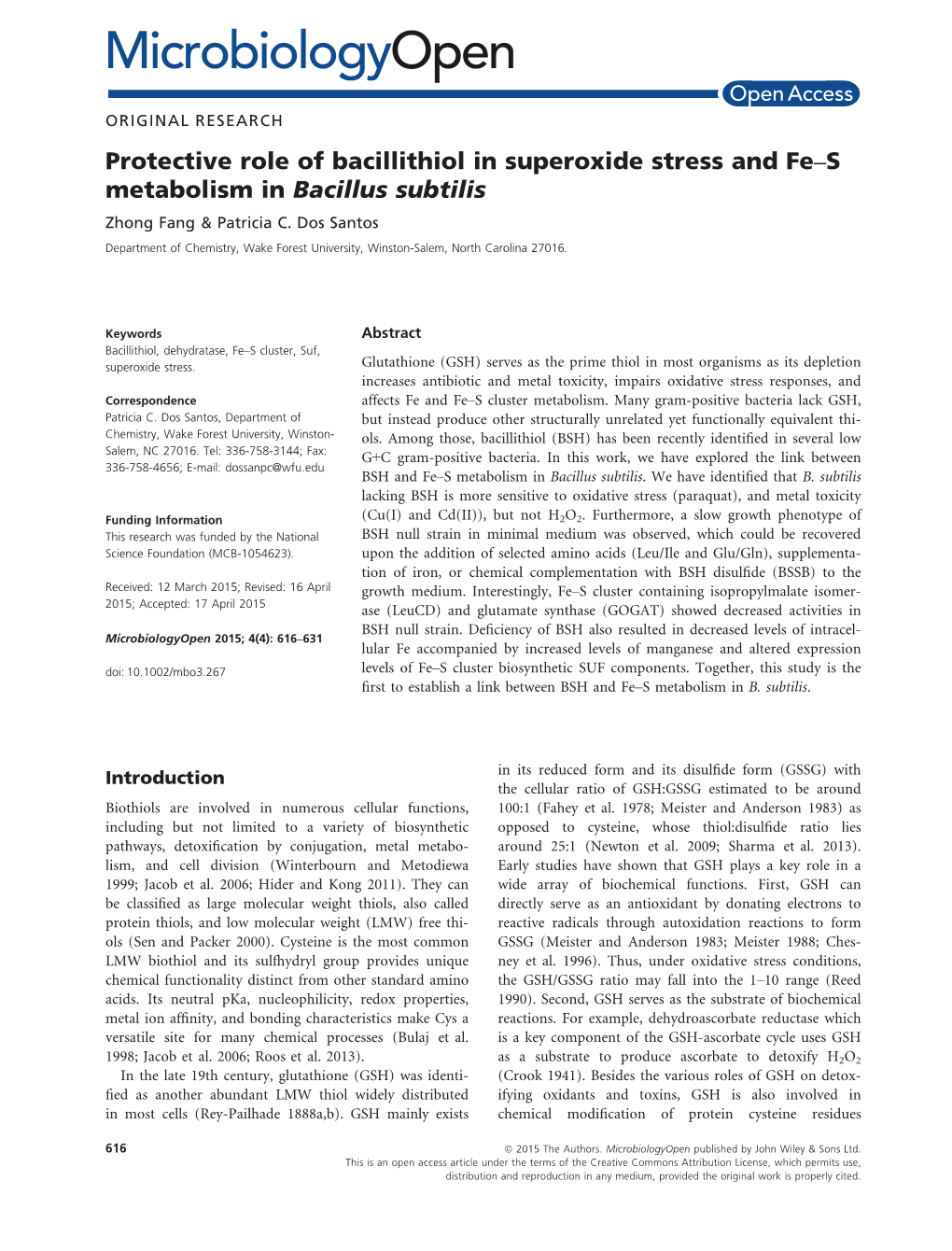 Protective Role of Bacillithiol in Superoxide Stress and Fe&#X2013;S Metabolism in Bacillus Subtilis