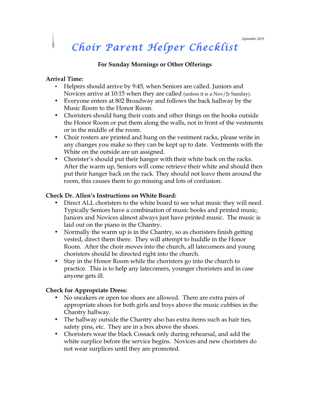 Choir Parent Helper Checklist