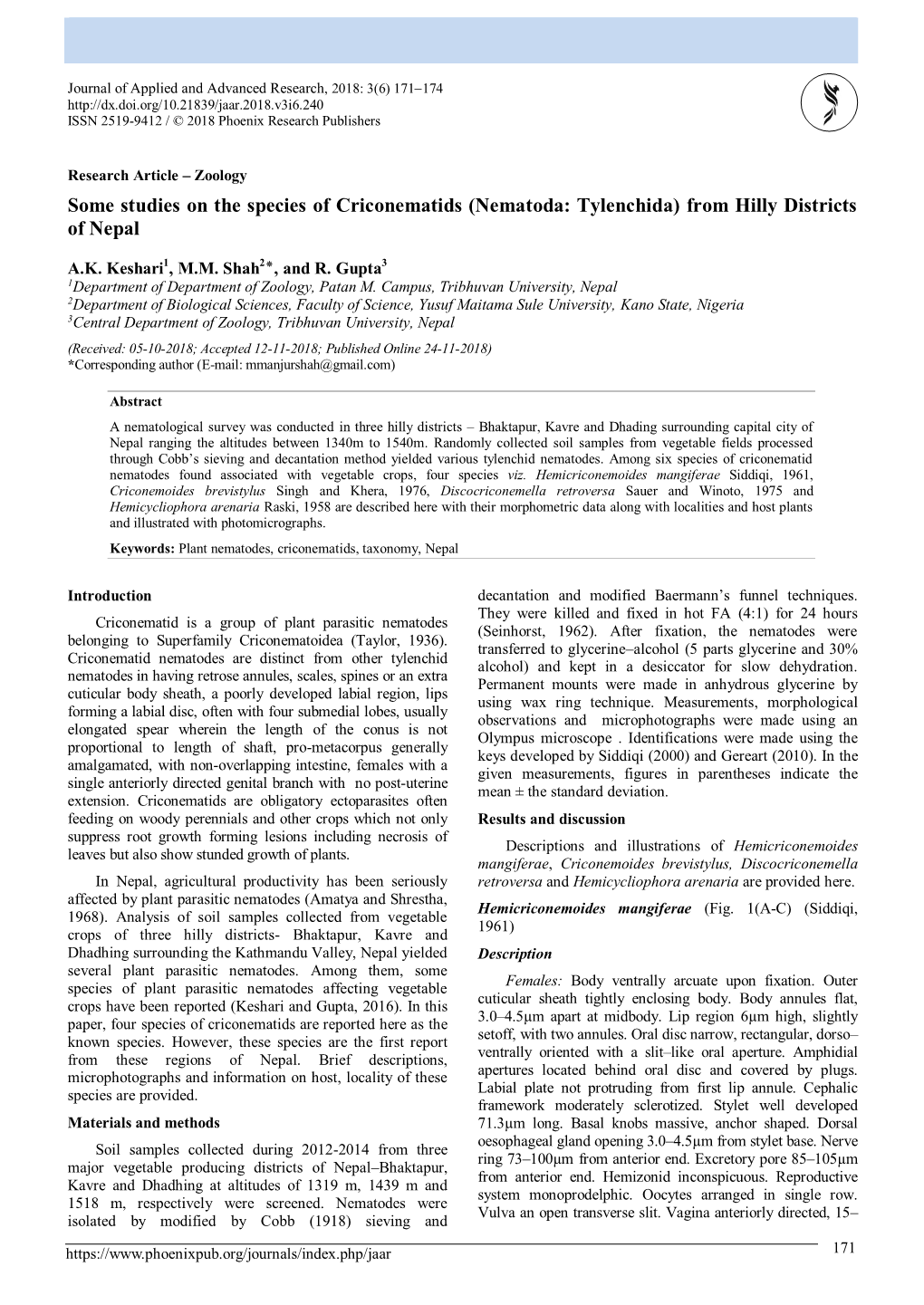 Some Studies on the Species of Criconematids (Nematoda: Tylenchida) from Hilly Districts of Nepal