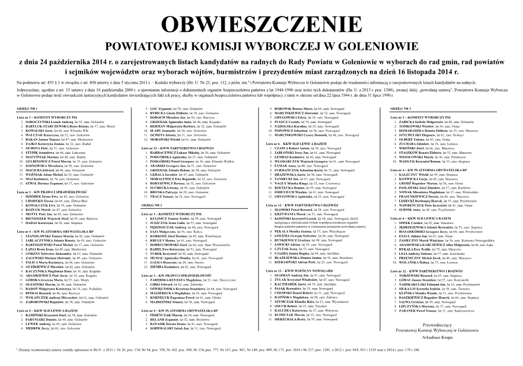 OBWIESZCZENIE POWIATOWEJ KOMISJI WYBORCZEJ W GOLENIOWIE Z Dnia 24 Października 2014 R