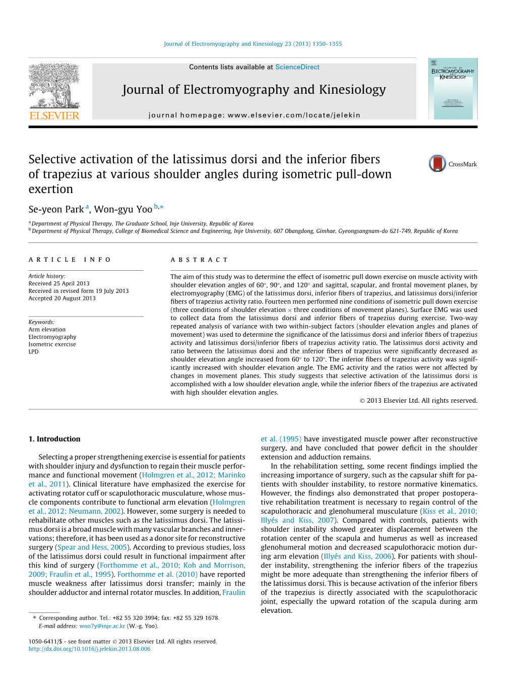 Selective Activation of the Latissimus Dorsi and the Inferior Fibers of Trapezius at Various Shoulder Angles During Isometric Pu