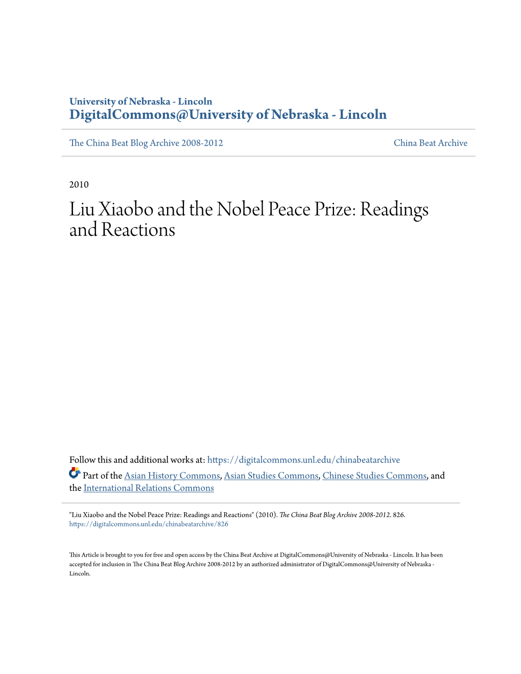 Liu Xiaobo and the Nobel Peace Prize: Readings and Reactions