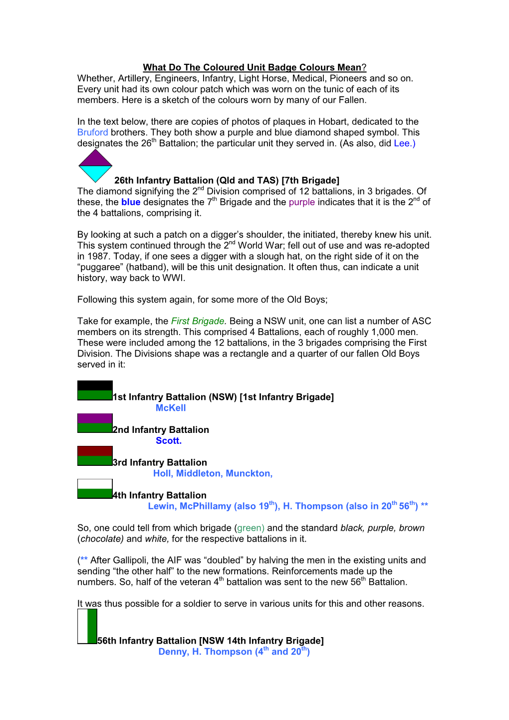 What Do the Coloured Unit Badge Colours Mean? Whether, Artillery, Engineers, Infantry, Light Horse, Medical, Pioneers and So On