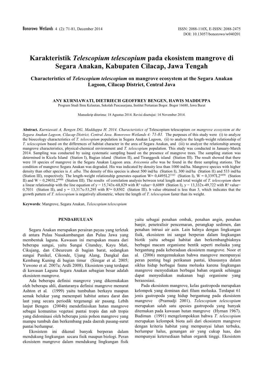 Karakteristik Telescopium Telescopium Pada Ekosistem Mangrove Di Segara Anakan, Kabupaten Cilacap, Jawa Tengah