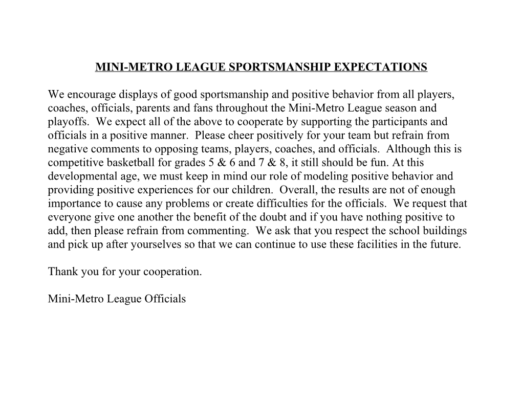 Mini-Metro League Sportsmanship Expectations