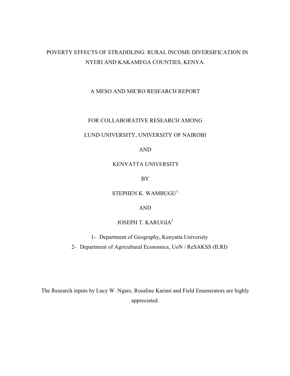 Poverty Effects of Straddling: Rural Income Diversification in Nyeri and Kakamega Counties, Kenya. a Meso and Micro Research