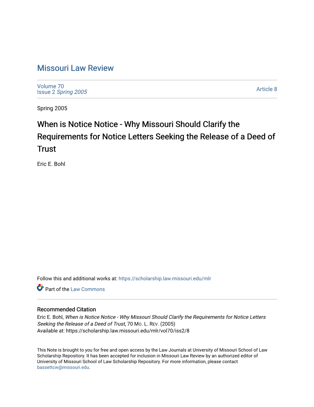 Why Missouri Should Clarify the Requirements for Notice Letters Seeking the Release of a Deed of Trust