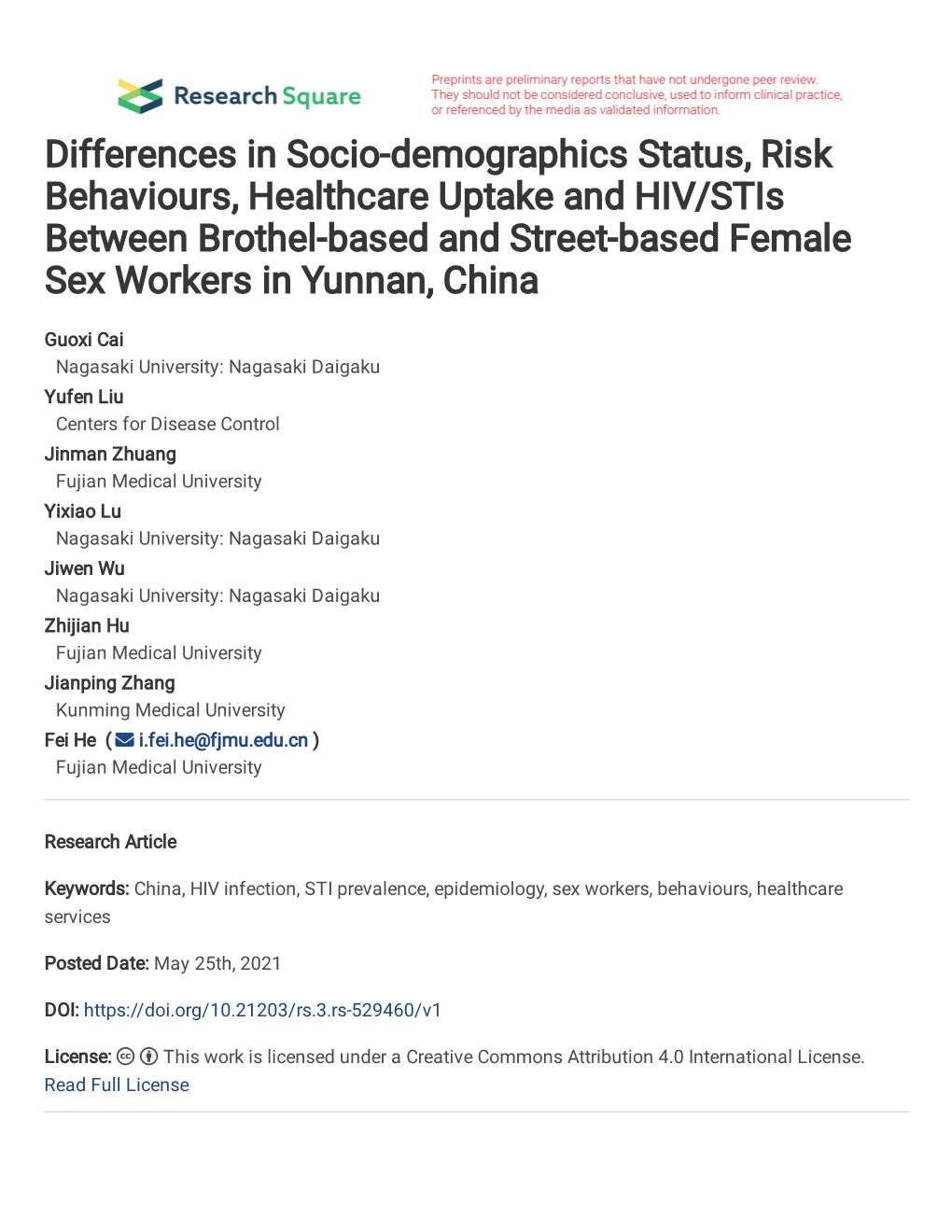 Differences in Socio-Demographics Status, Risk Behaviours, Healthcare Uptake and HIV/Stis Between Brothel-Based and Street-Based Female Sex Workers in Yunnan, China
