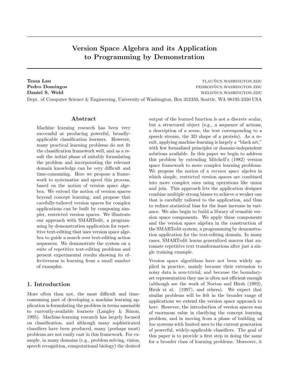 Version Space Algebra and Its Application to Programming by Demonstration