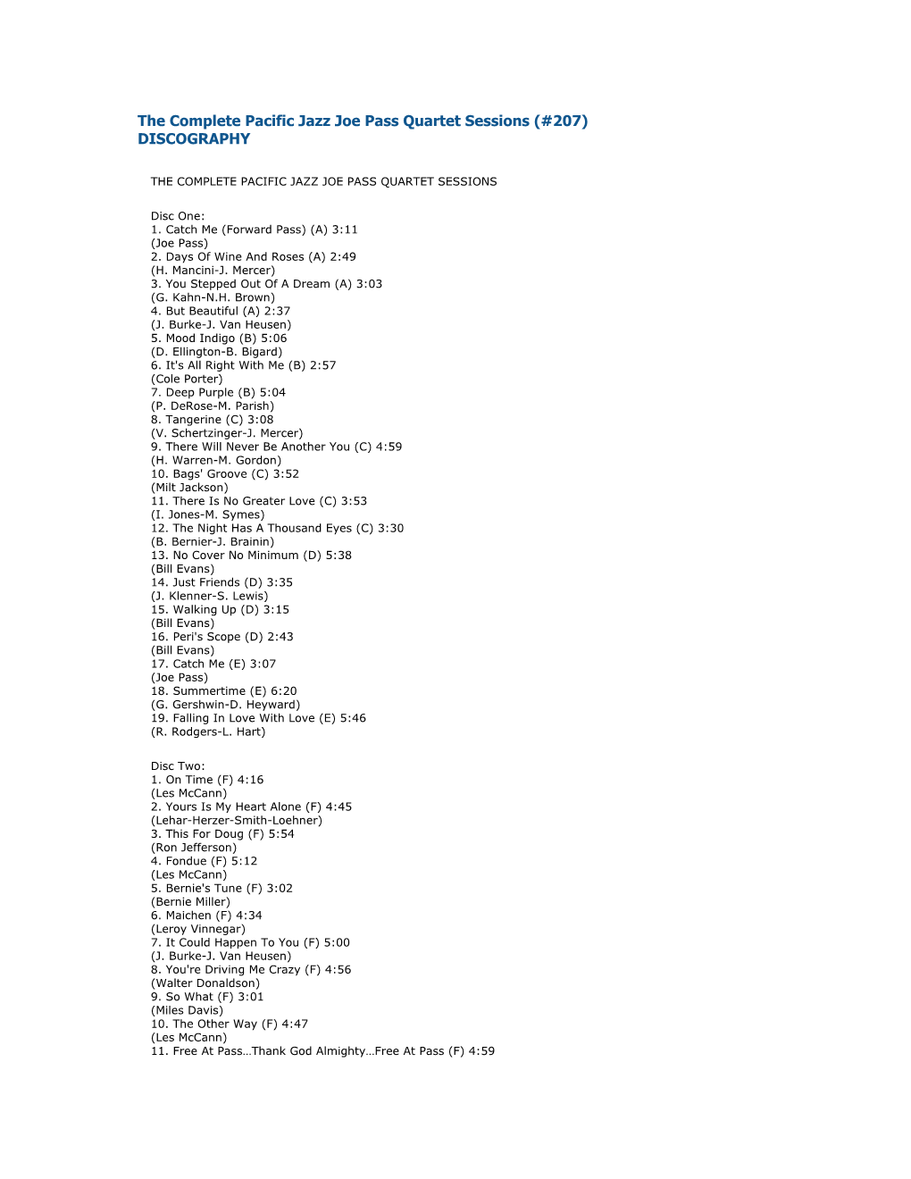 The Complete Pacific Jazz Joe Pass Quartet Sessions (#207) DISCOGRAPHY