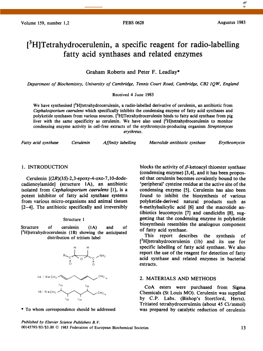 [3H]Tetrahydrocerulenin, a Specific Reagent for Radio-Labelling Fatty Acid Synthases and Related Enzymes