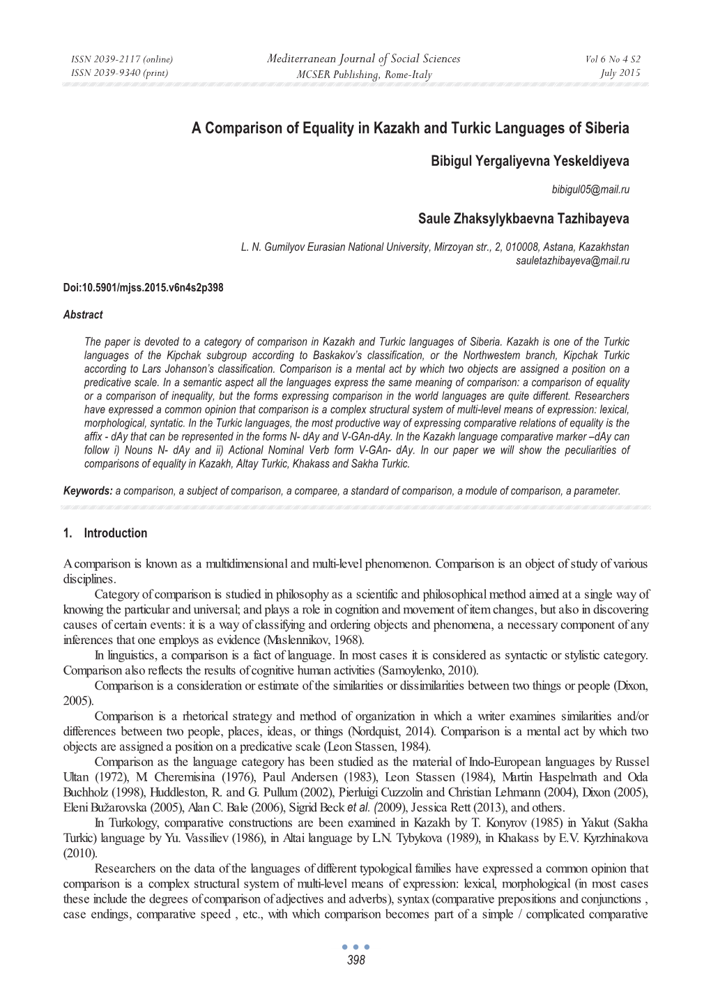 A Comparison of Equality in Kazakh and Turkic Languages of Siberia