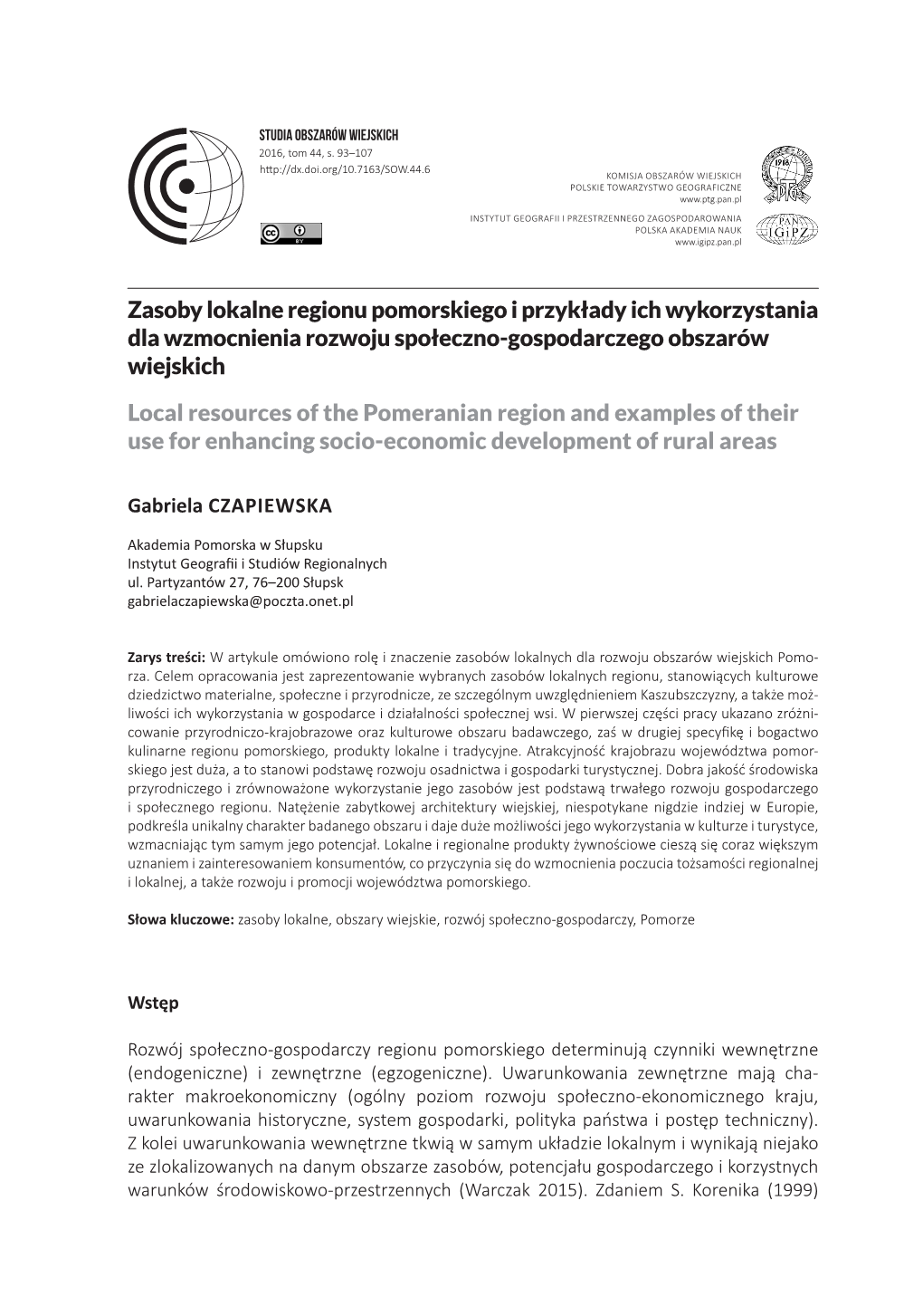 Studia Obszarów Wiejskich, T. 44, Zasoby Lokalne Regionu