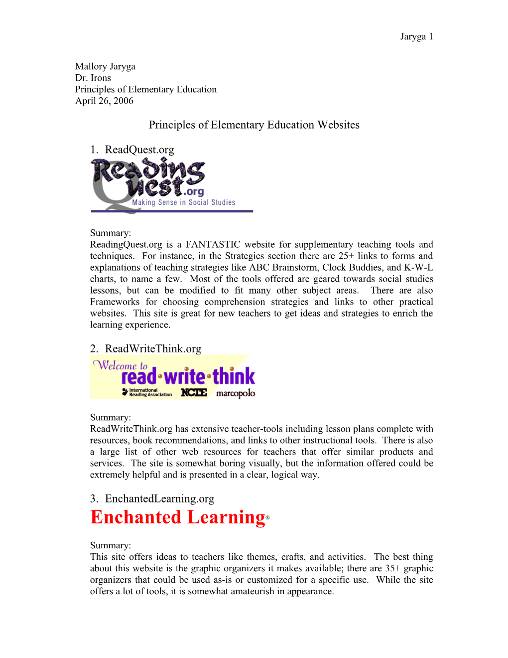 Principles of Elementary Education Websites