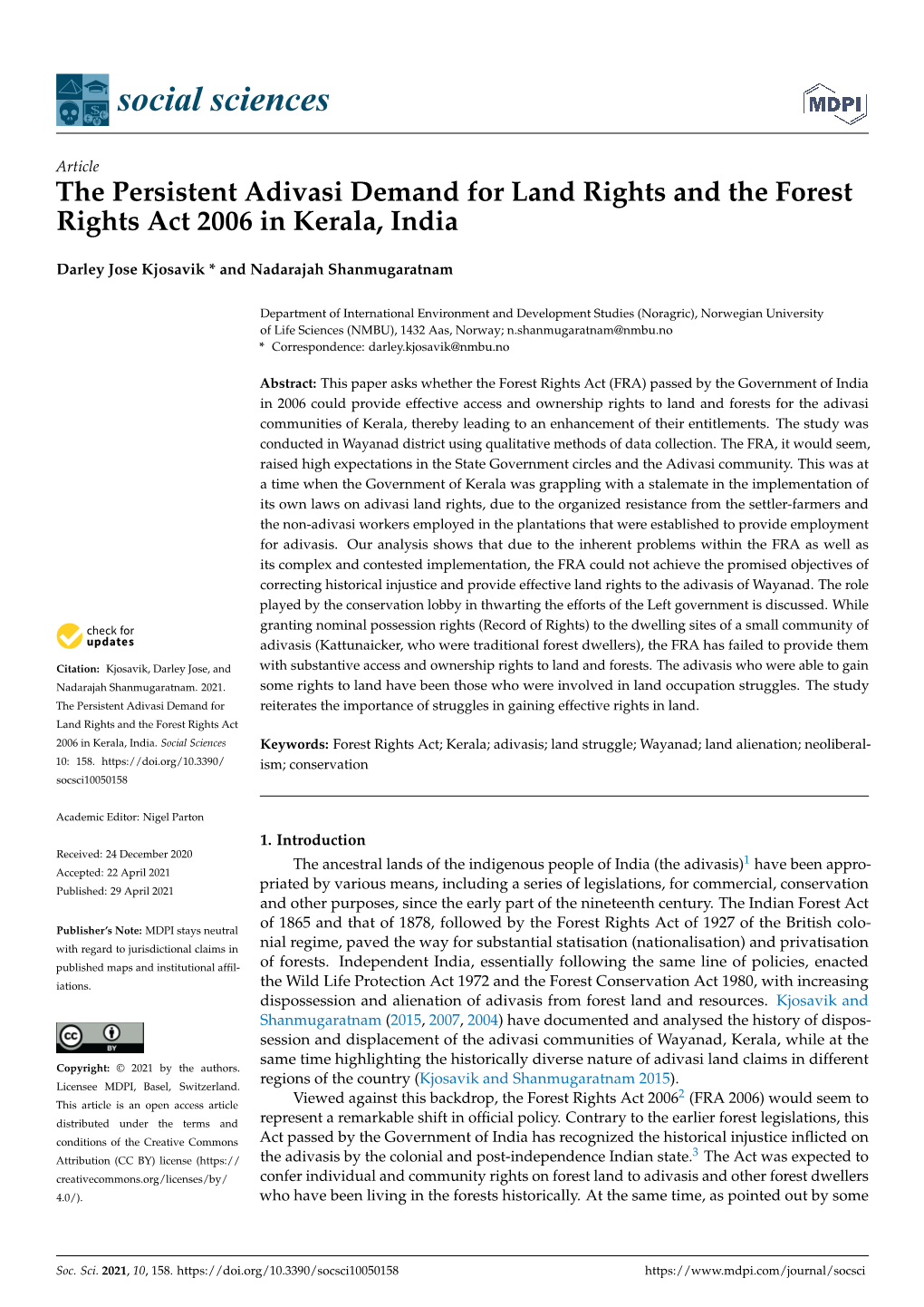 The Persistent Adivasi Demand for Land Rights and the Forest Rights Act 2006 in Kerala, India