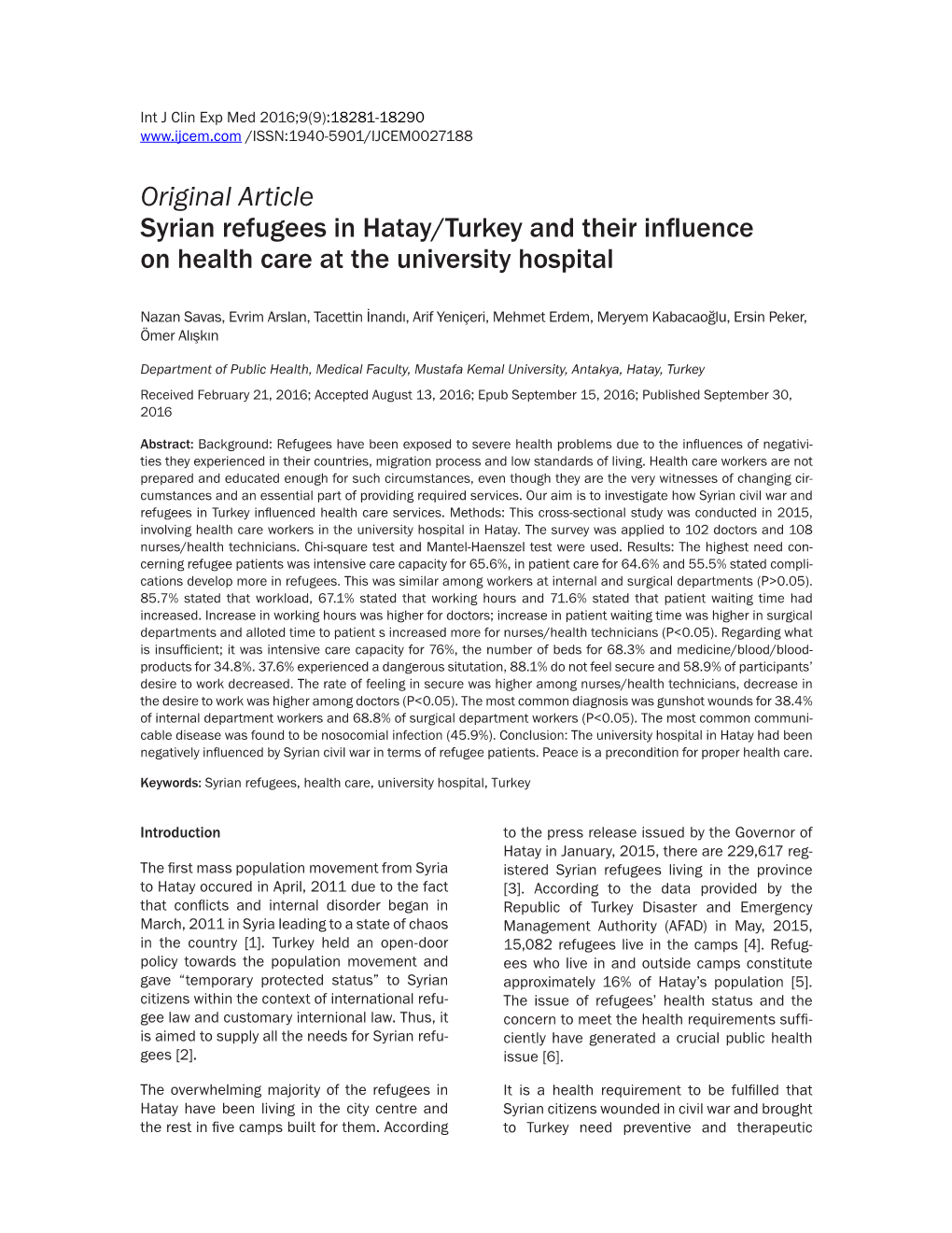 Original Article Syrian Refugees in Hatay/Turkey and Their Influence on Health Care at the University Hospital