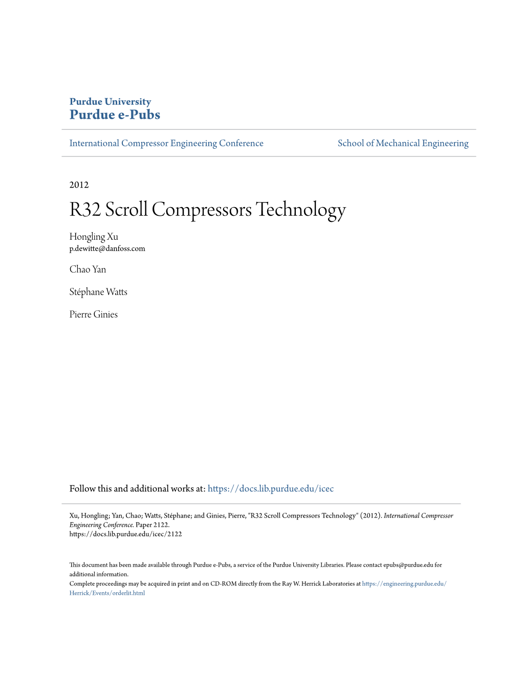 R32 Scroll Compressors Technology Hongling Xu P.Dewitte@Danfoss.Com