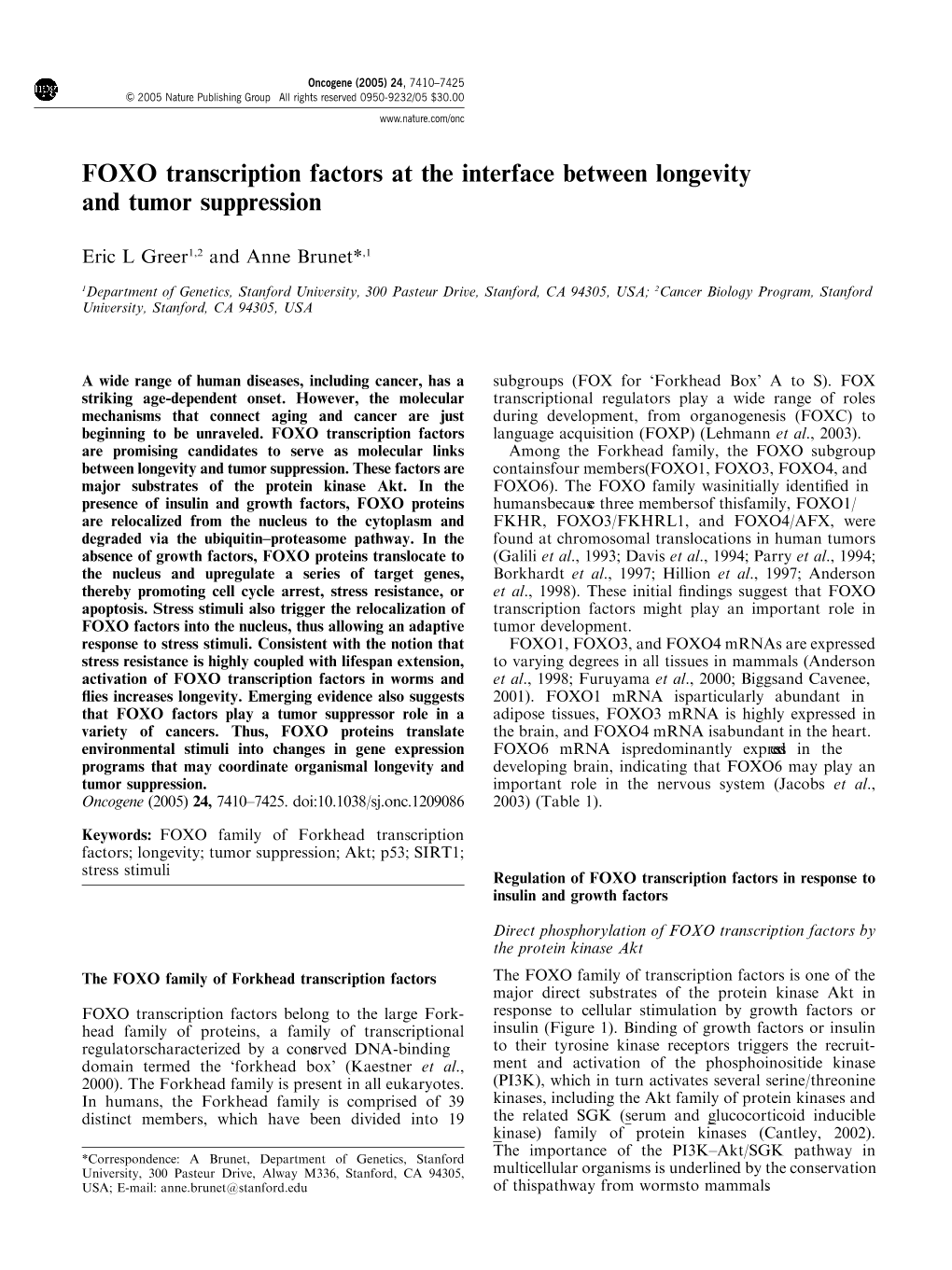 FOXO Transcription Factors at the Interface Between Longevity and Tumor Suppression