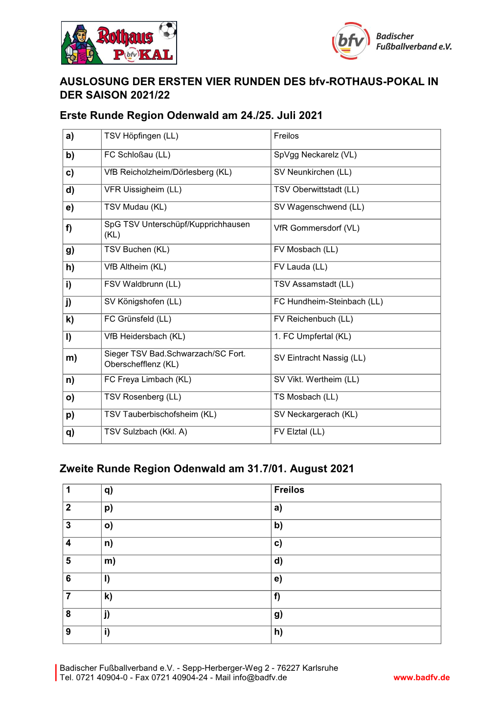 AUSLOSUNG DER ERSTEN VIER RUNDEN DES Bfv-ROTHAUS-POKAL in DER SAISON 2021/22 Erste Runde Region Odenwald Am 24./25