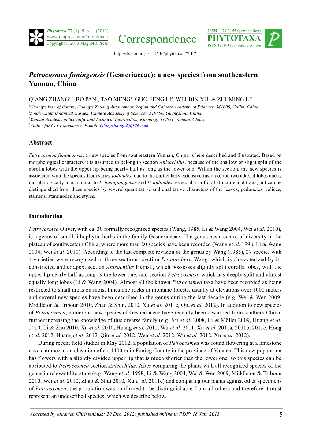 Petrocosmea Funingensis (Gesneriaceae): a New Species from Southeastern Yunnan, China