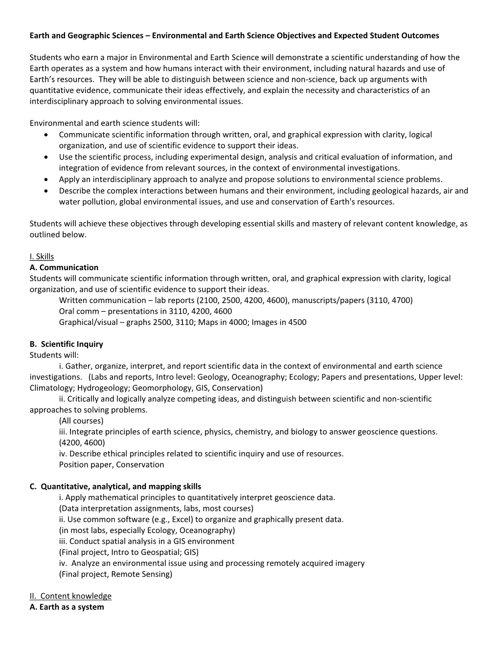 Environmental and Earth Science Objectives and Expected Student Outcomes Students Who Earn Am