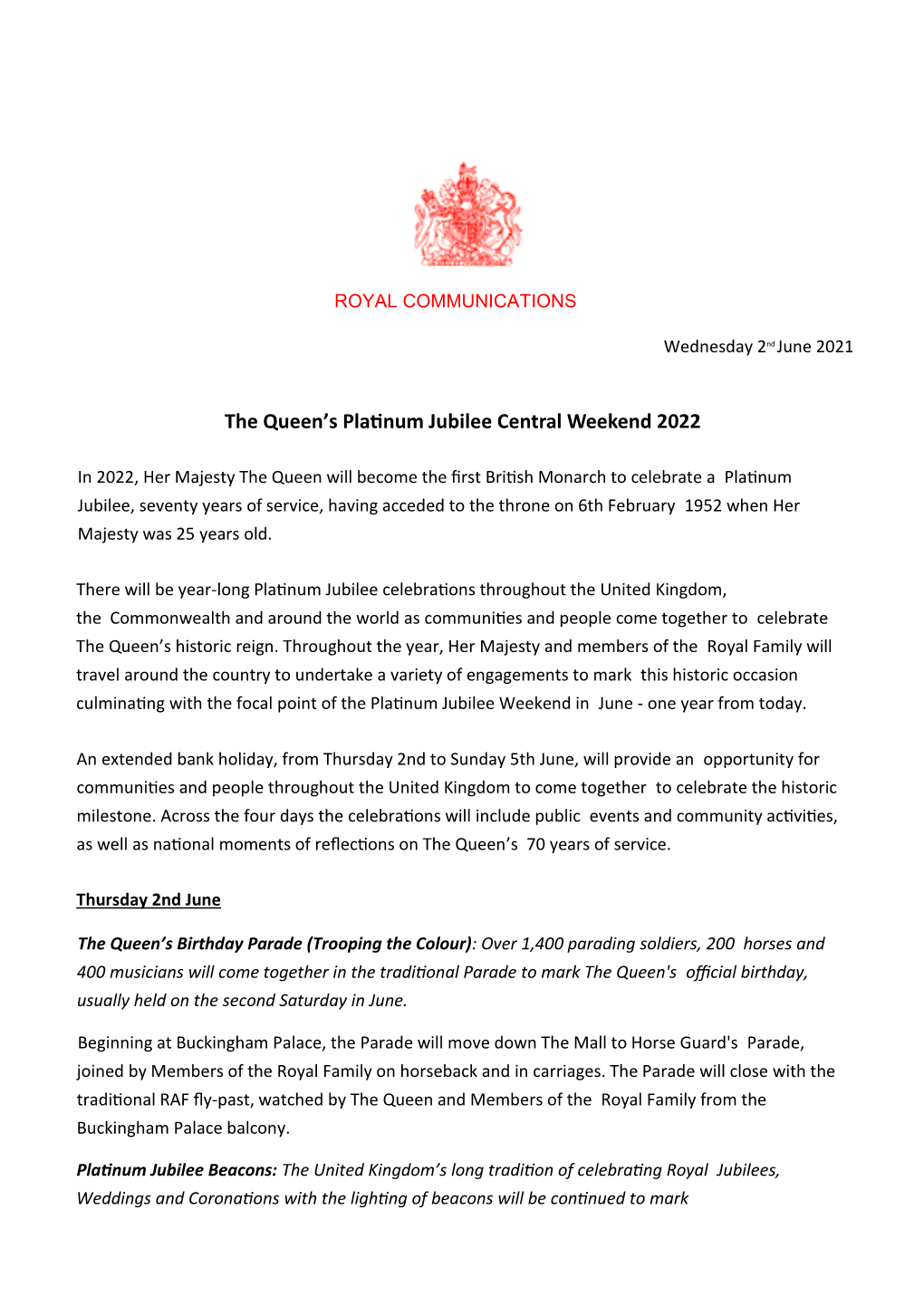 The Queen's Platinum Jubilee Central Weekend 2022