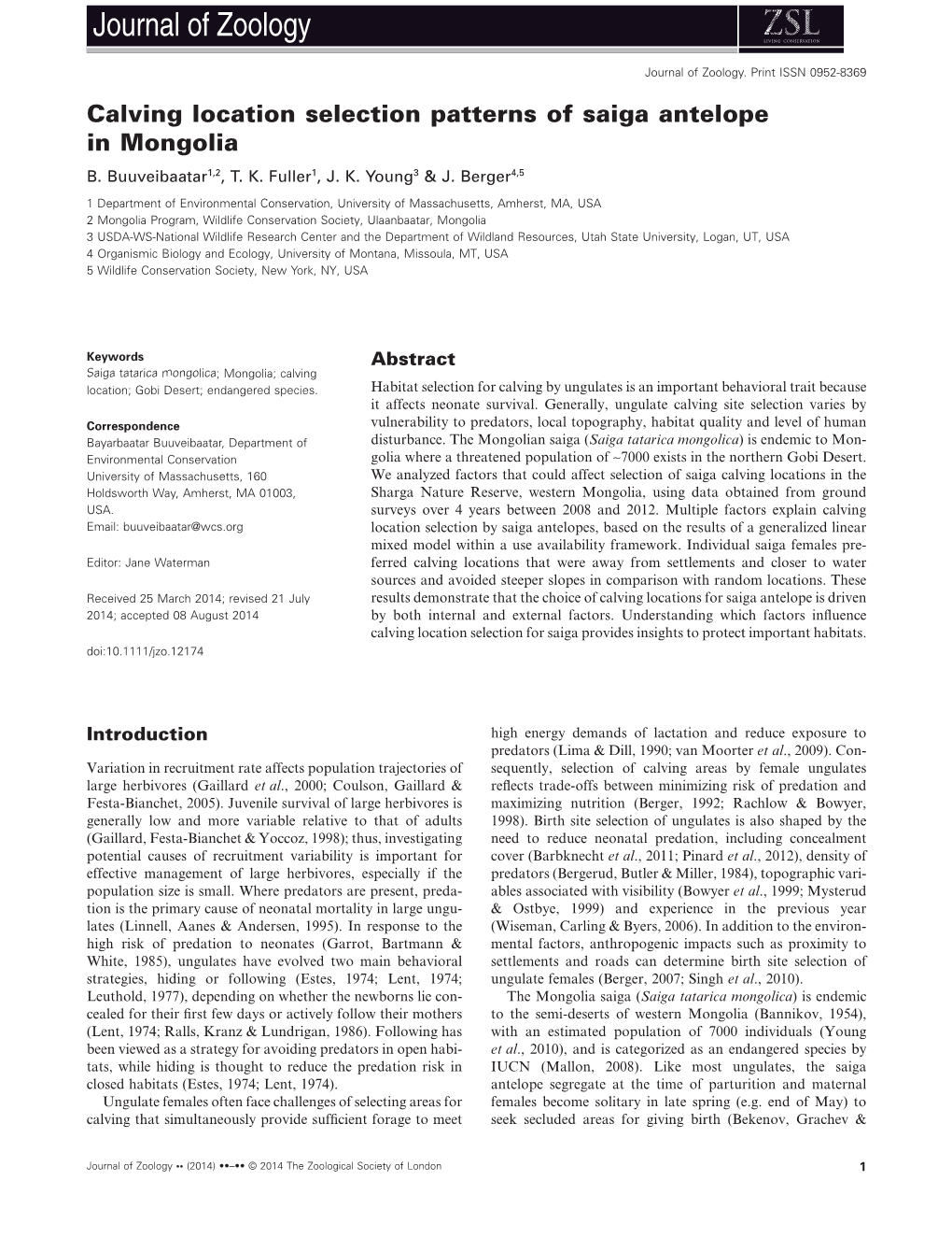 Calving Location Selection Patterns of Saiga Antelope in Mongolia B