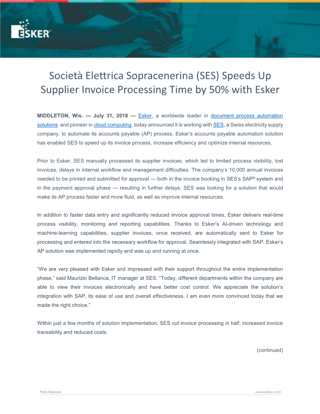 Società Elettrica Sopracenerina (SES) Speeds up Supplier Invoice Processing Time by 50% with Esker