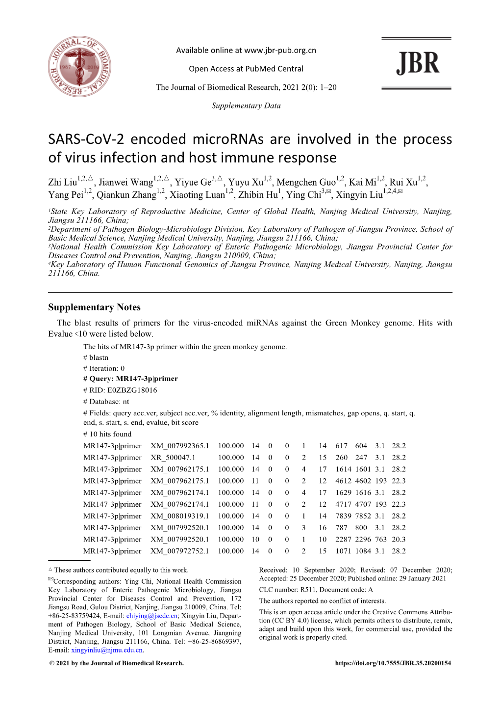 SARS-Cov-2 Encoded Micrornas Are Involved in the Process of Virus Infection and Host Immune Response