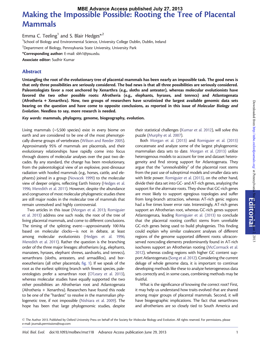 Rooting the Tree of Placental Mammals