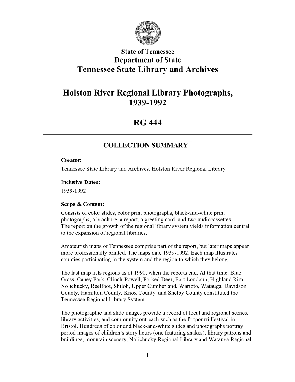 Tennessee State Library and Archives Holston River Regional Library