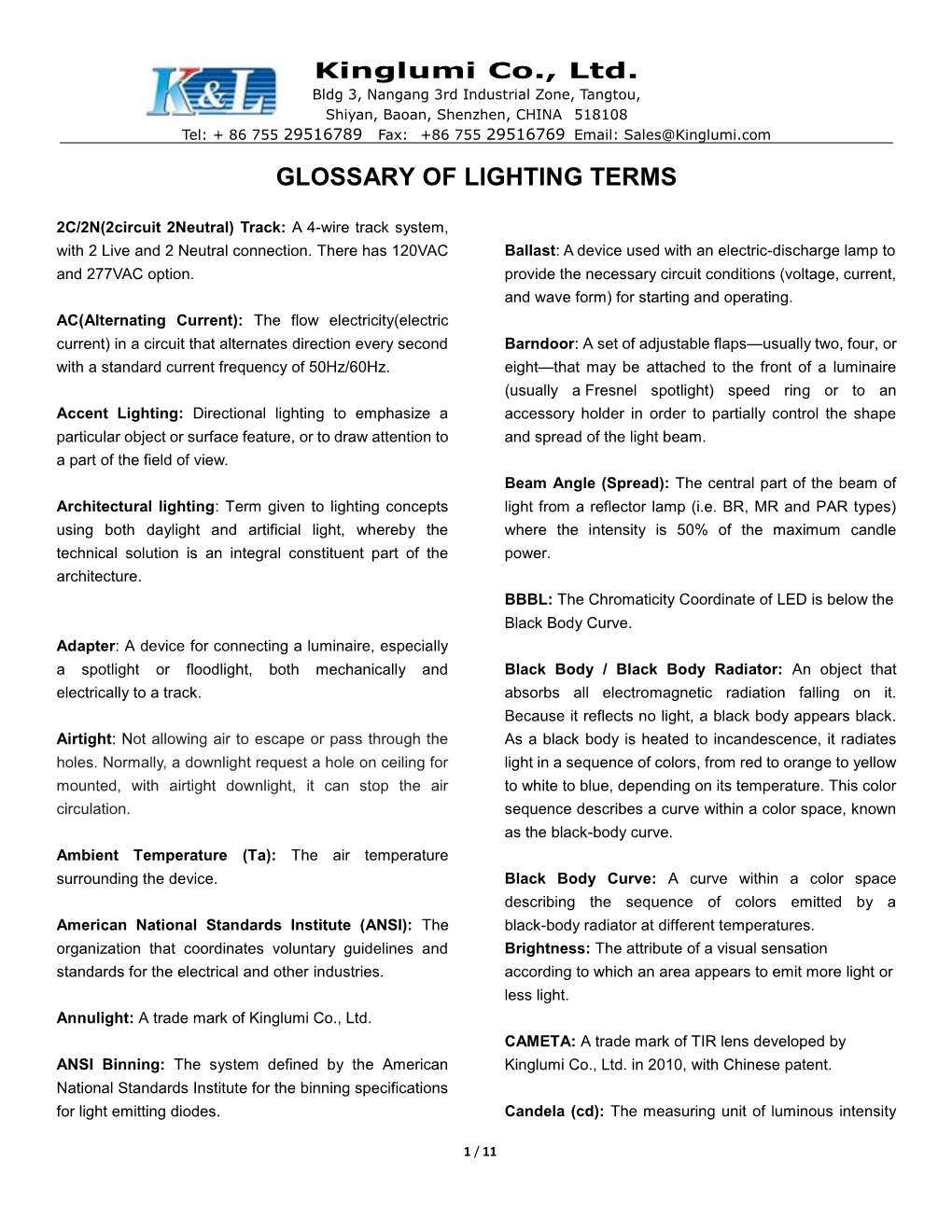 Glossary of Lighting Terms