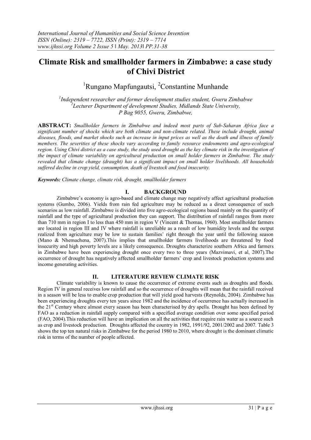 Climate Risk and Smallholder Farmers in Zimbabwe: a Case Study of Chivi District