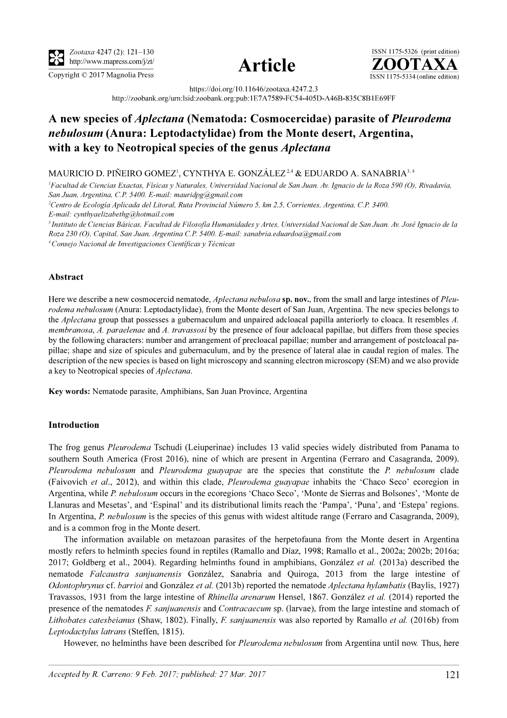 A New Species of Aplectana (Nematoda: Cosmocercidae